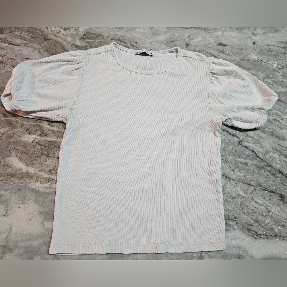 ZARA White Ribbed Puff Sleeve Top Size M | Short Sleeve Fitted Tee Blouse